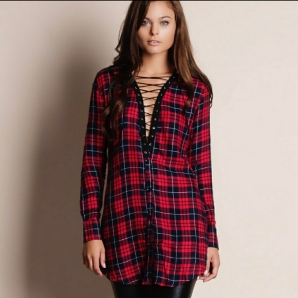 Red and Black Plaid Lace Up Long Sleeve